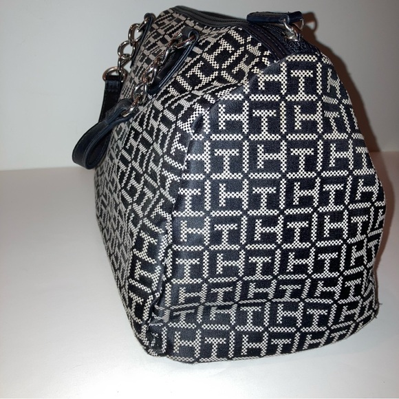 Tommy Hilfiger Black White Satchel Handbag Bowler TH Logo Monogram Preppy Purse - Picture 9 of 17
